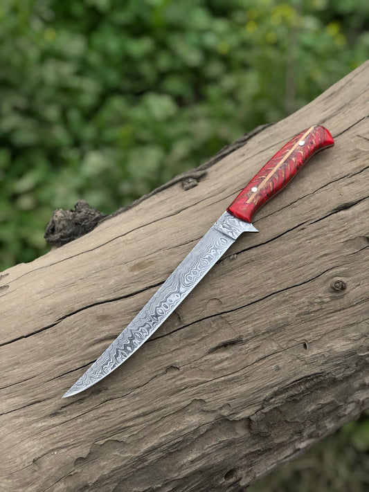 Custom Handmade Damascus Steel Fillet Knife with Epoxy Resin Pine Cone Handle - 13 Inch Length with Leather Sheath