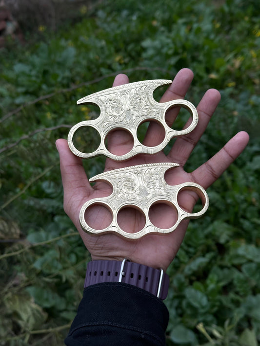 Custom Brass Knuckles Set – Hand Engraved Pure Brass with Leather Case