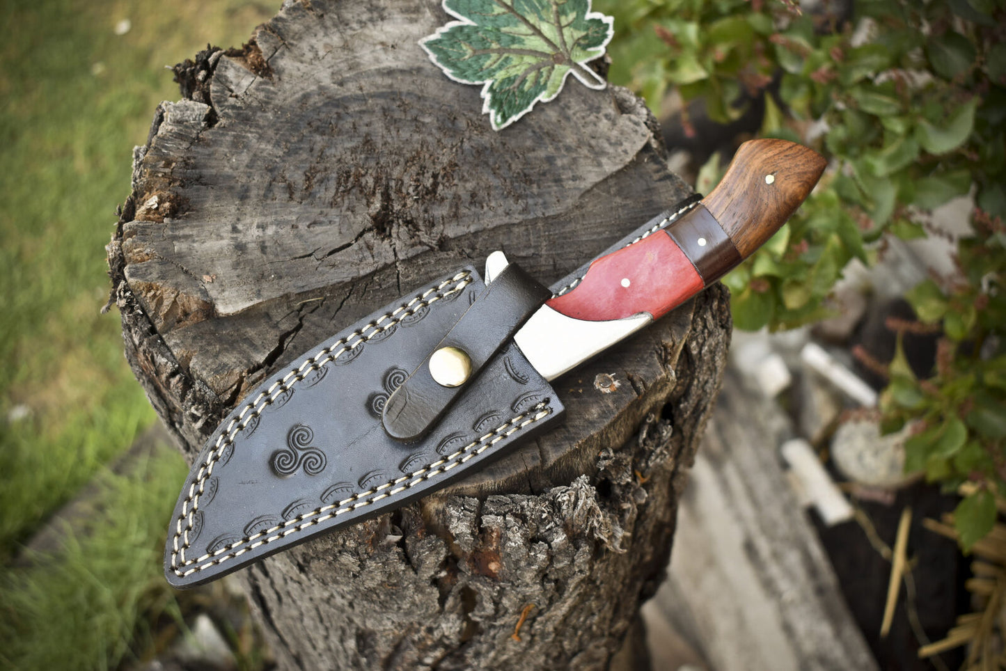 Custom Handmade Damascus Steel Hunting Knife with Pakkawood & Rosewood Handle | Steel Bolster | Includes Leather Sheath Product Description: