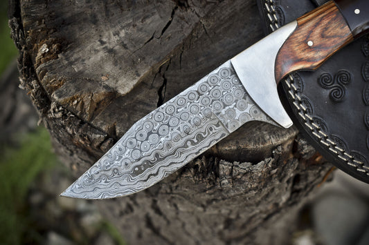 Custom Handmade Damascus Steel Hunting Knife with Pakkawood & Camel Bone Handle, Steel Bolster | Includes Leather Sheath