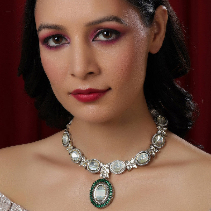Designer Gold And Silver Tone Necklace With Green Center Piece