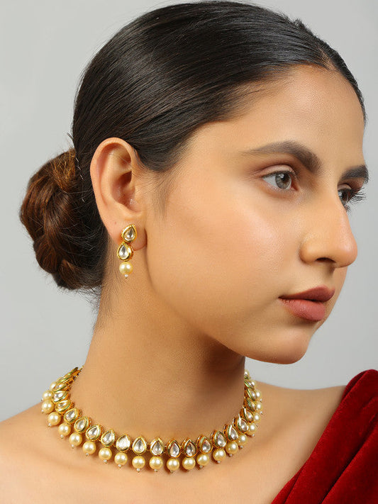 Designer Ivory Beaded Kundan Necklace With Earrings
