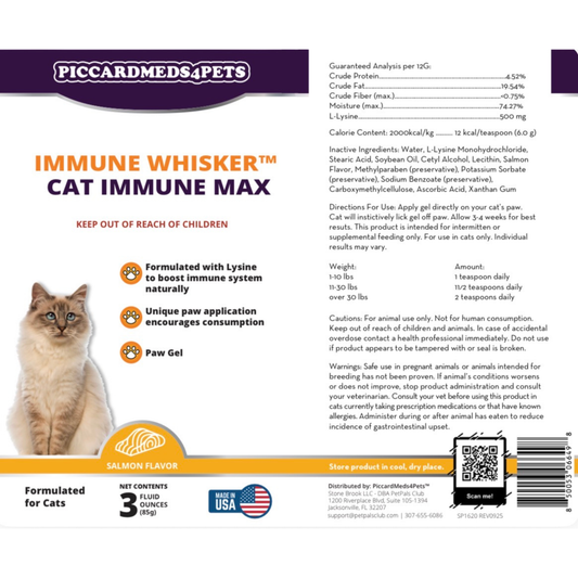 Piccardmeds4pets ImmuneWhisker Cat Immune Max Strength Paw Gel 3 oz.