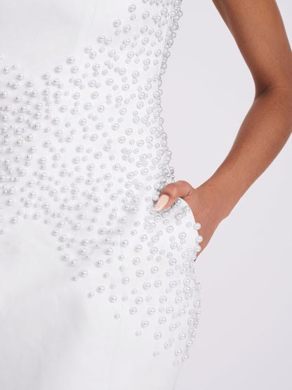 Tais Pearl Beaded Cocoon Shape Sleeveless Mini Dress