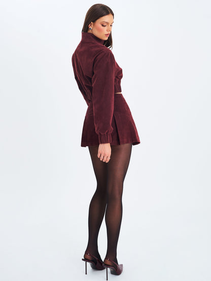 Faryn Mahogany Vegan Suede Pleated A-Line Mini Skirt