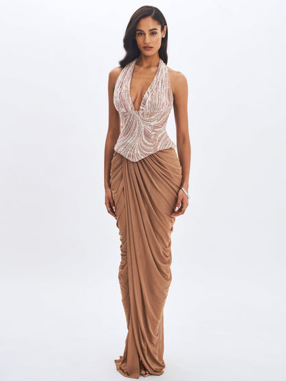 Nancie Apricot Beaded Halter Peplum Ruched Maxi Dress