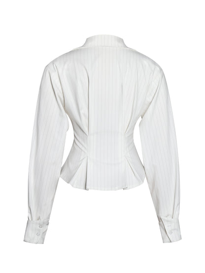 Sylvia White Pinstripe Deep V Pleated Shirt