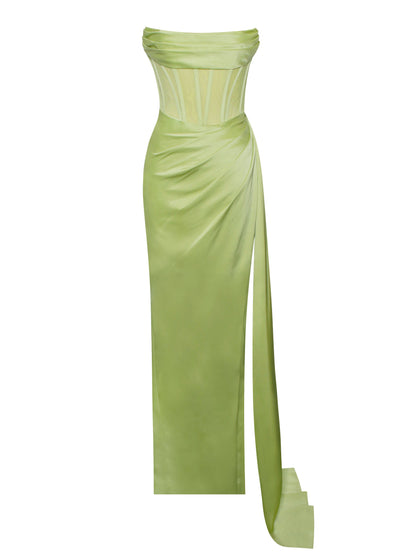 Prisa Lime High Slit Satin Corset Gown