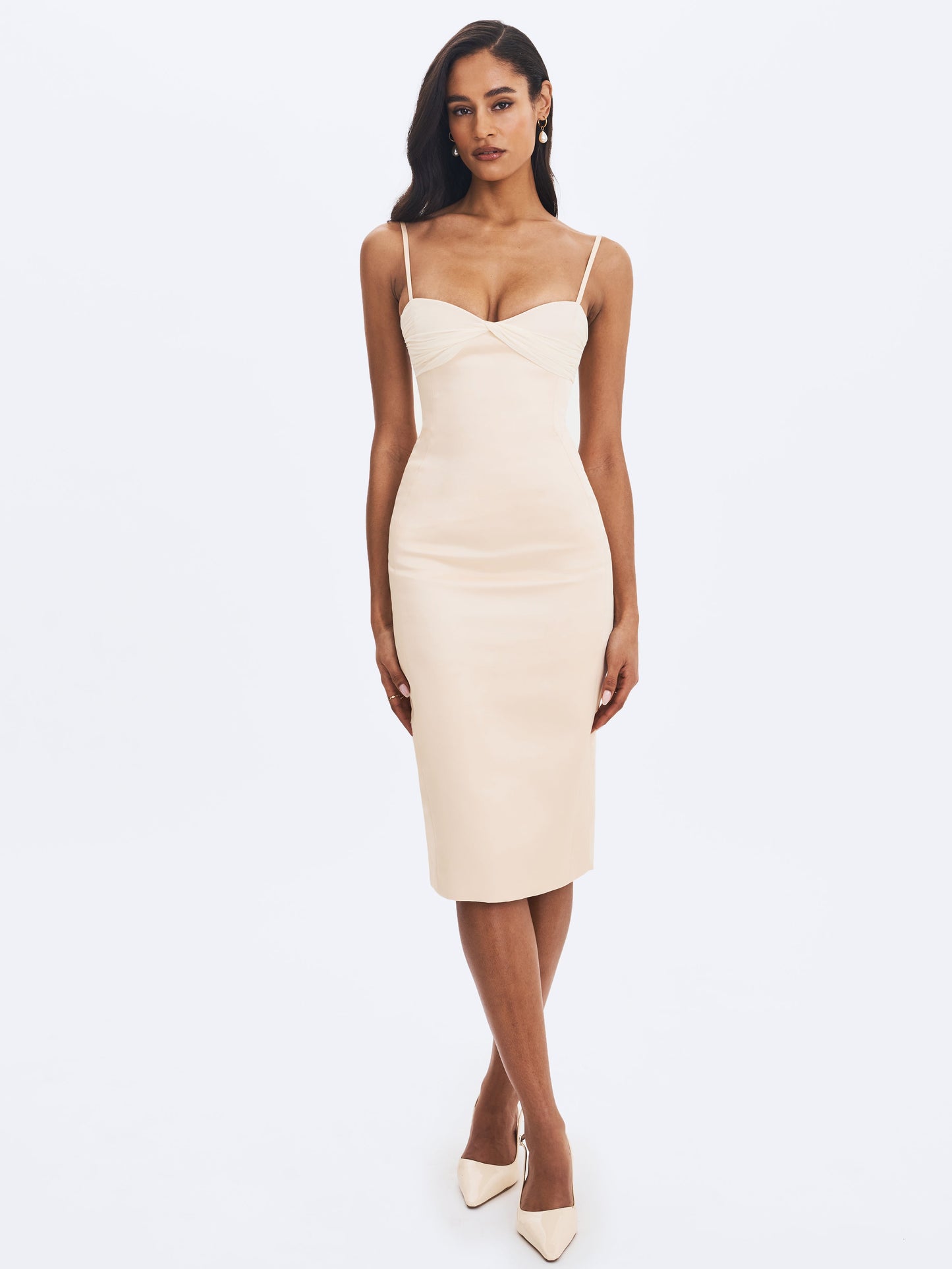 Gracie Butter Yellow Ruched Satin Midi Dress