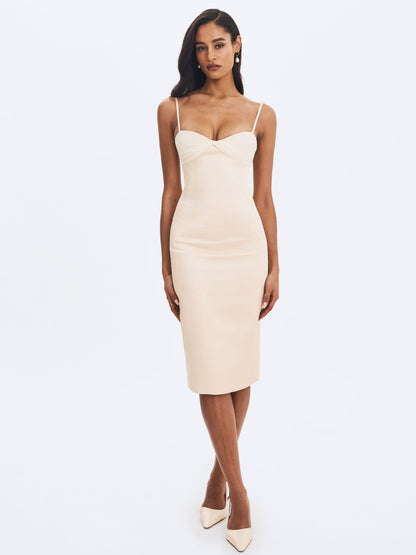 Gracie Butter Yellow Ruched Satin Midi Dress