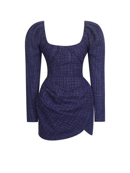 Denise Navy Tweed Ruched Puff Sleeve Mini Dress