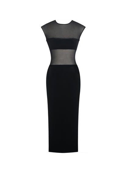 Quielle Black Mesh and Velvet Midi Bodycon Dress
