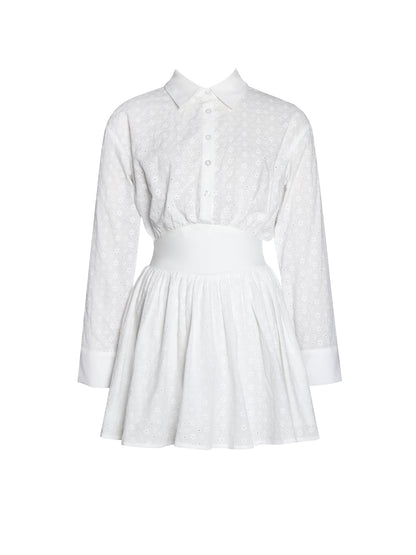 Gabriella White Cotton Eyelet Button Up Long Sleeve Shirt Dress