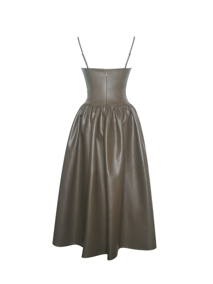Parisia Cocoa Vegan Leather Drop Waist Midi Dress