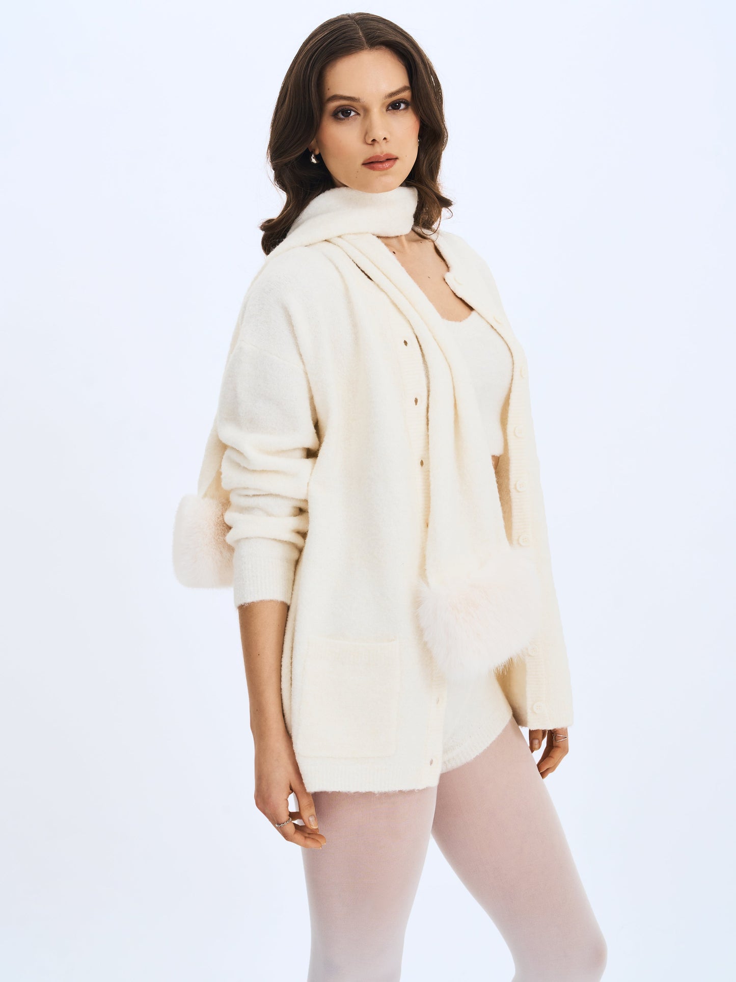 Selma White Wool-Blend Ribbed Knit Scarf