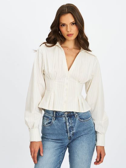 Sylvia White Pinstripe Deep V Pleated Shirt