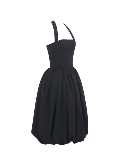 Veradis Black Taffeta Halter Bubble-Hem Midi Dress