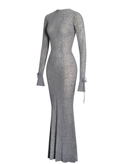 Waylynn Gray Animal Print Burnout Velvet Detail Mesh Backless Maxi Dress