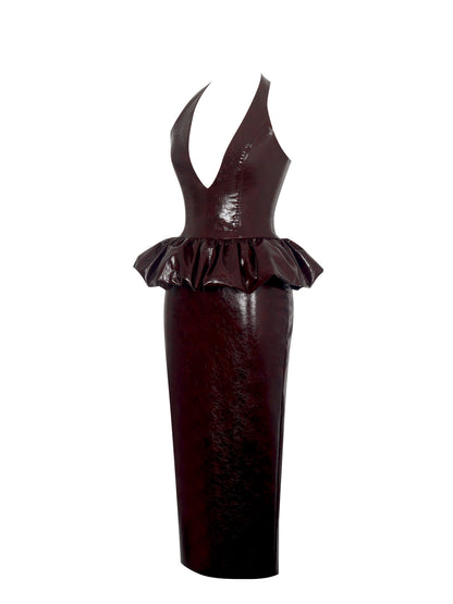 Jaslene Mahogany Ruched Peplum Plunge Halter Midi Dress