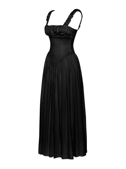 Noreen Black Satin Drop Waist Maxi Sundress