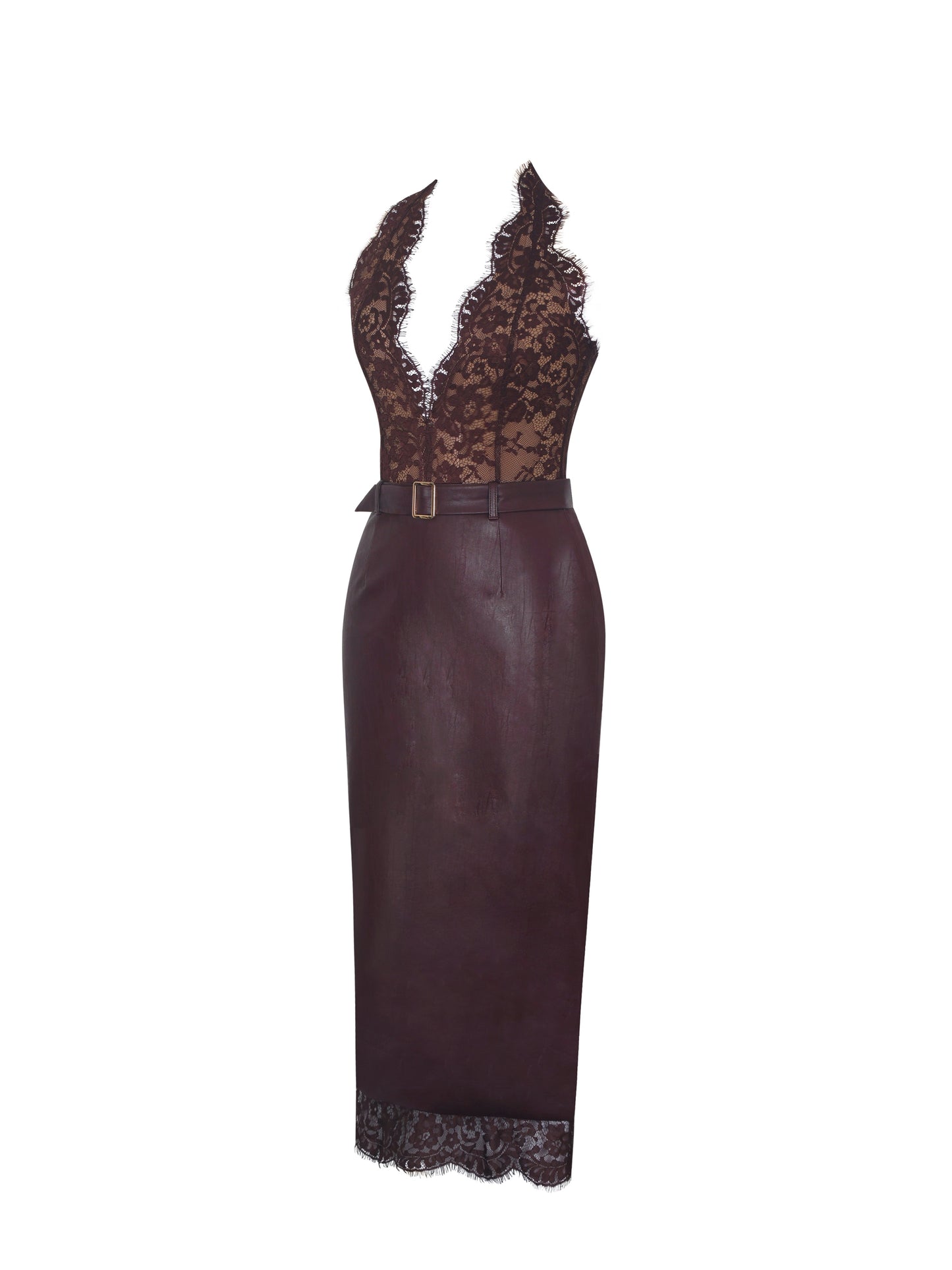 Fiera Mahogany Plunging Halter Belted Midi Dress