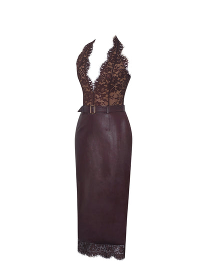 Fiera Mahogany Plunging Halter Belted Midi Dress