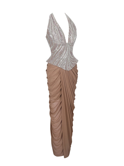 Nancie Apricot Beaded Halter Peplum Ruched Maxi Dress
