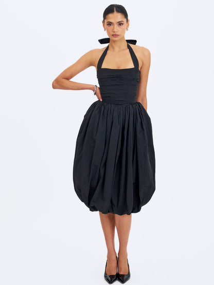 Veradis Black Taffeta Halter Bubble-Hem Midi Dress