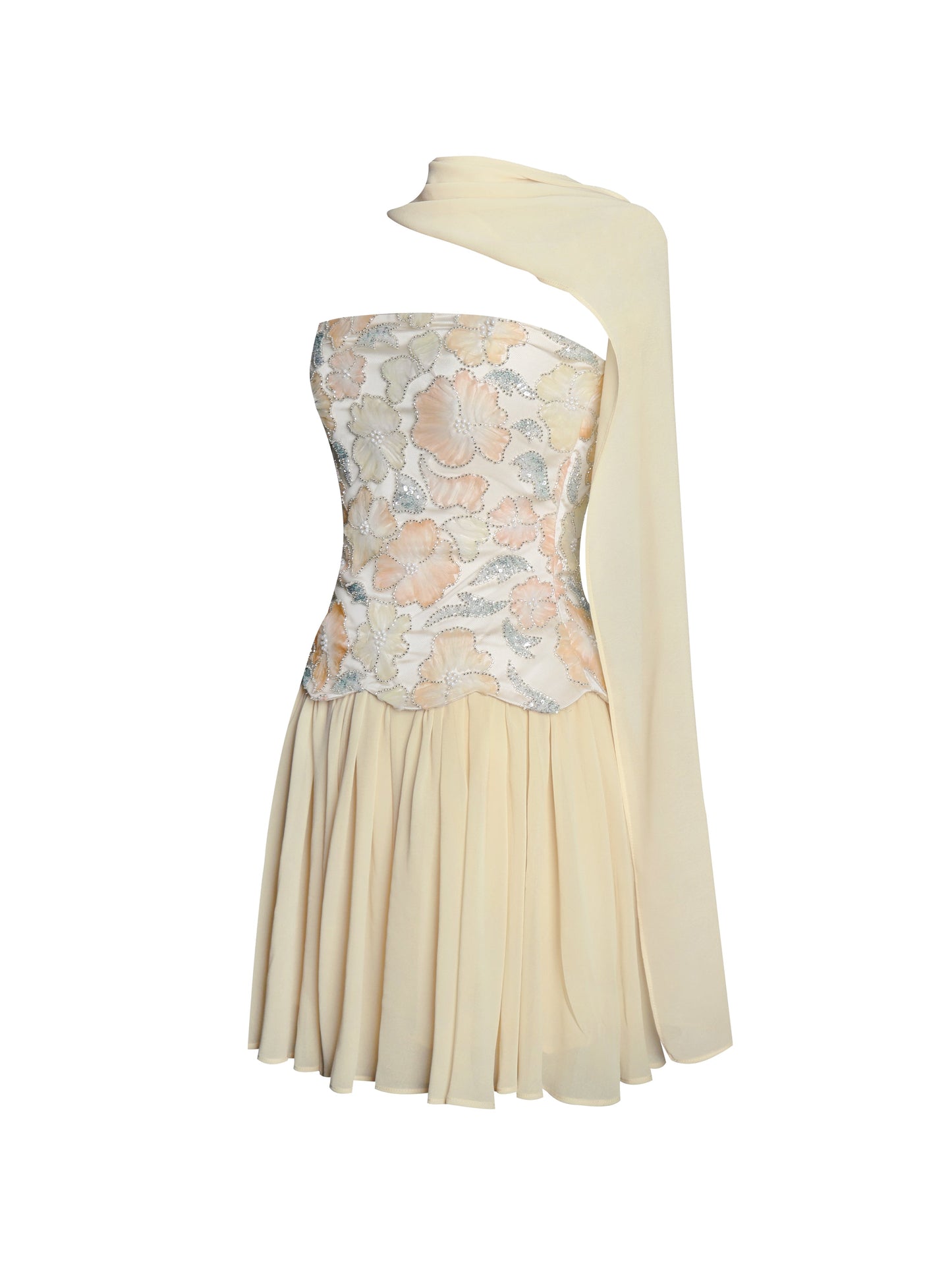 Quanisha Yellow Beaded Floral Mini Chiffon Dress with Scarf