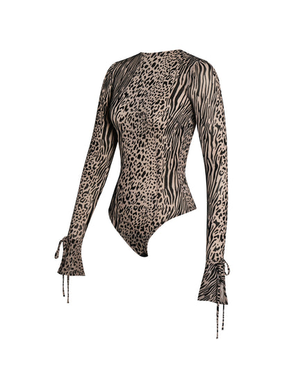 Ibera Animal Print Burnout Velvet Long Sleeve Bodysuit