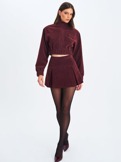 Faryn Mahogany Vegan Suede Pleated A-Line Mini Skirt