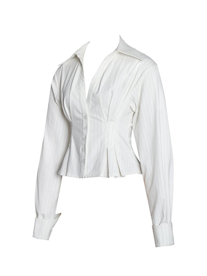 Sylvia White Pinstripe Deep V Pleated Shirt