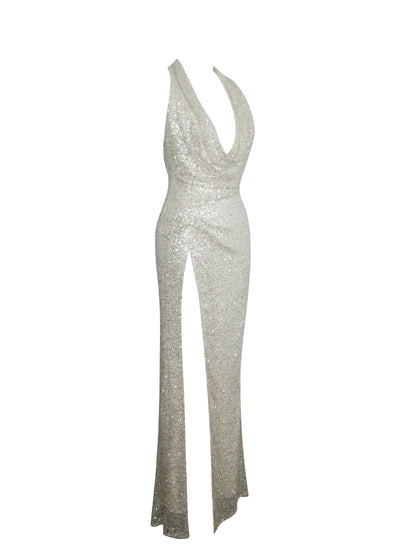 Niamh Golden Beaded Cowl Halter Backless Maxi Dress