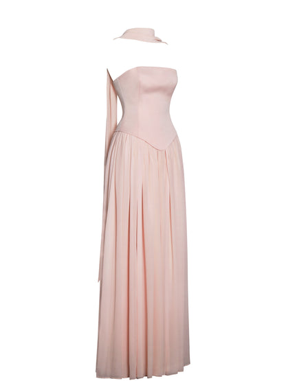 Qianna Baby Pink Peplum Drop Waist Chiffon Gown
