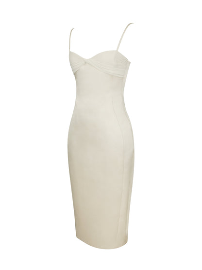 Gracie Butter Yellow Ruched Satin Midi Dress