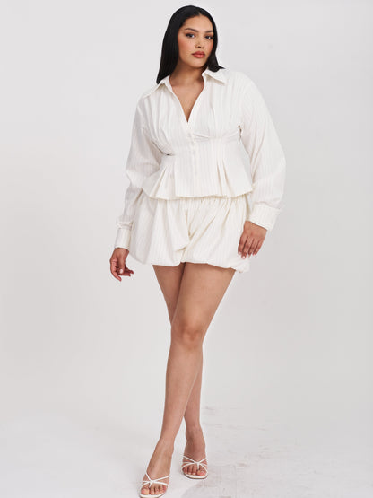 Sylvia White Pinstripe Deep V Pleated Shirt