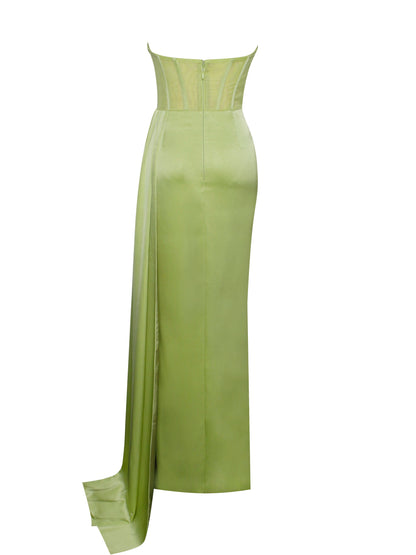Prisa Lime High Slit Satin Corset Gown