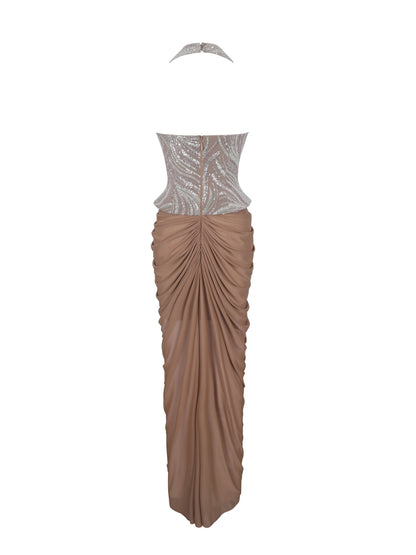 Nancie Apricot Beaded Halter Peplum Ruched Maxi Dress