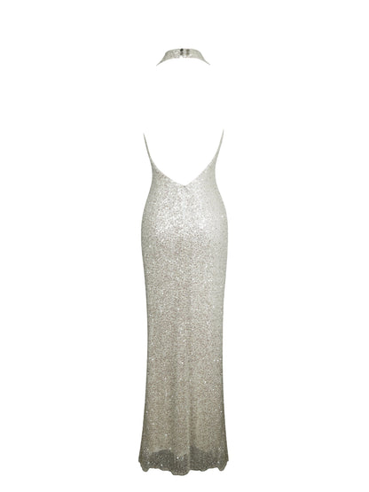 Niamh Golden Beaded Cowl Halter Backless Maxi Dress