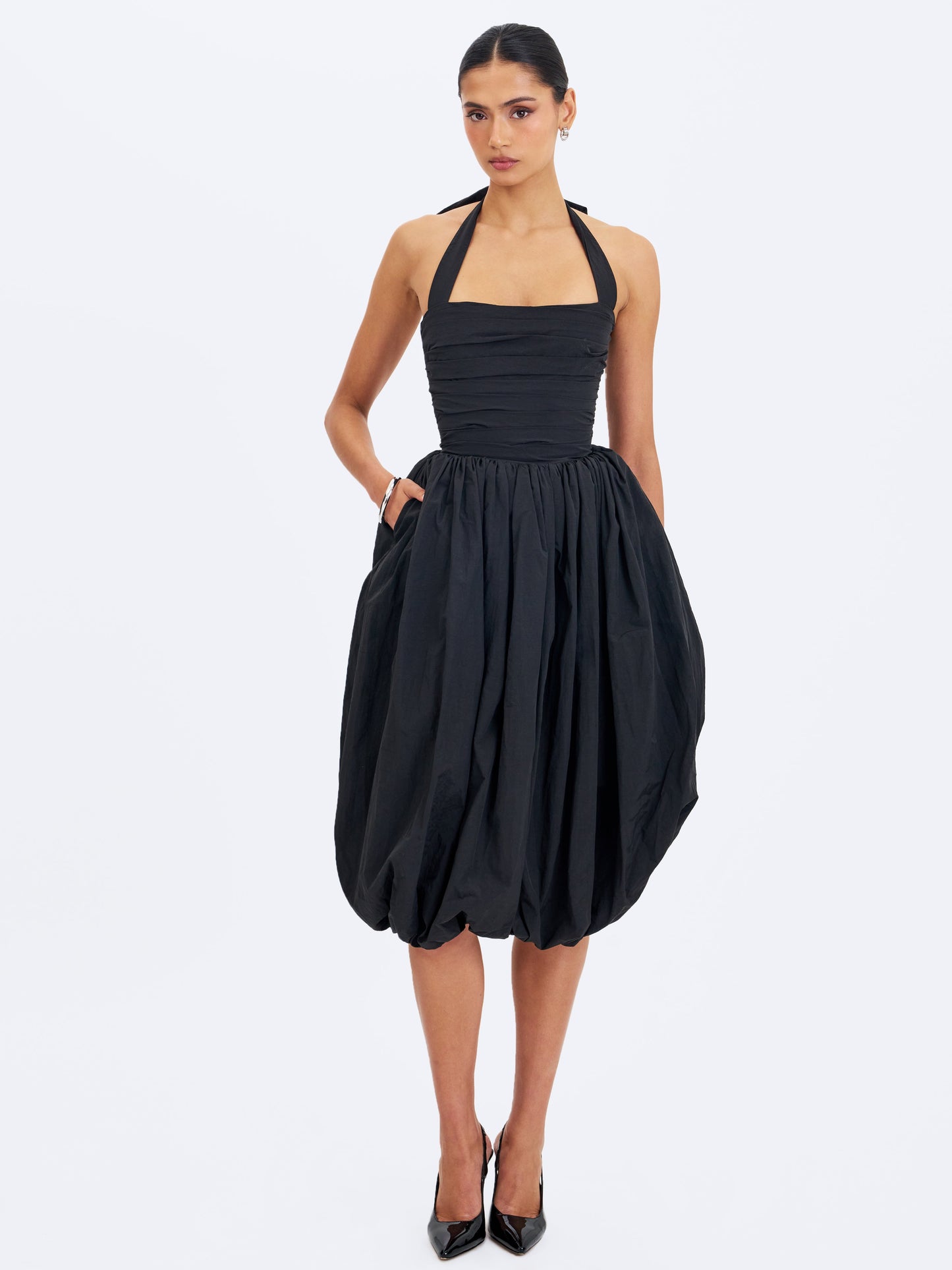 Veradis Black Taffeta Halter Bubble-Hem Midi Dress