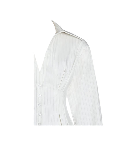 Sylvia White Pinstripe Deep V Pleated Shirt