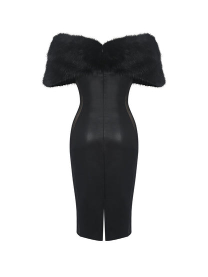 Bellis Black Fur Trim Mesh Panel Off-Shoulder Midi Dress