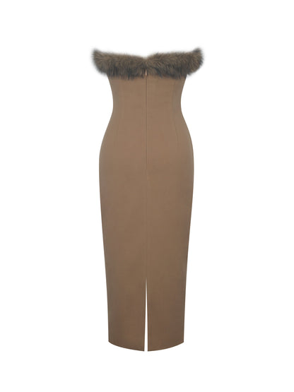 Rayanne Chestnut Strapless Fur-Trimmed Sweetheart Midi Dress