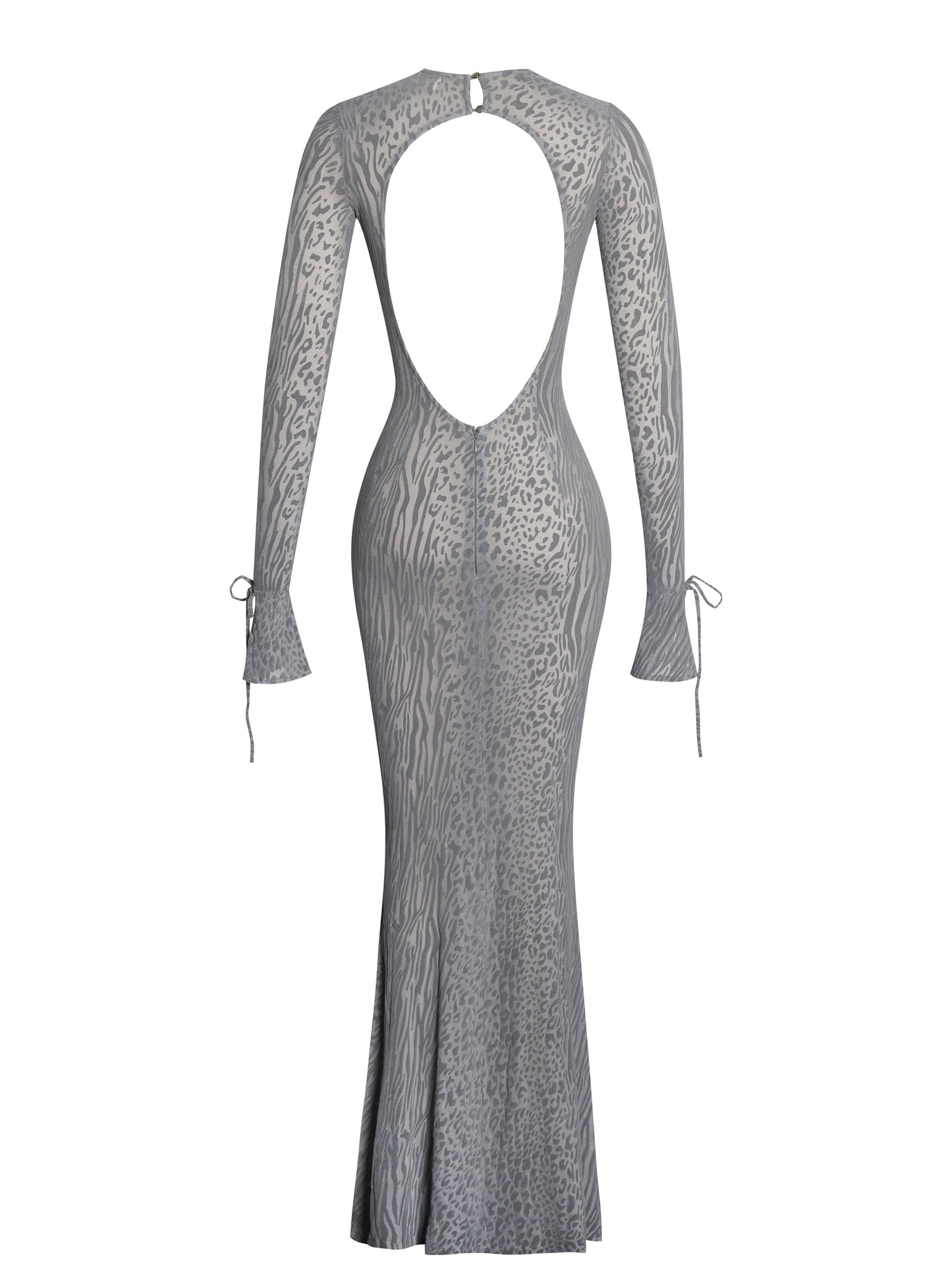 Waylynn Gray Animal Print Burnout Velvet Detail Mesh Backless Maxi Dress
