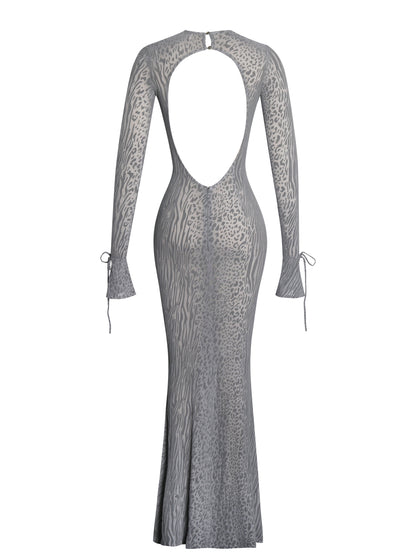 Waylynn Gray Animal Print Burnout Velvet Detail Mesh Backless Maxi Dress