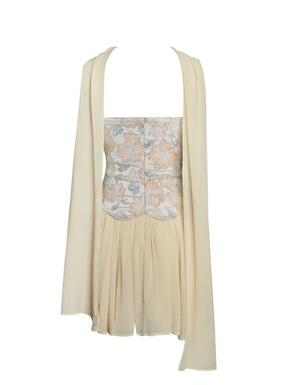 Quanisha Yellow Beaded Floral Mini Chiffon Dress with Scarf