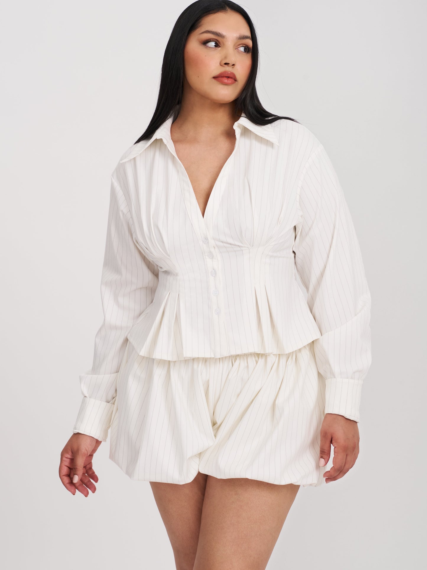Sylvia White Pinstripe Deep V Pleated Shirt
