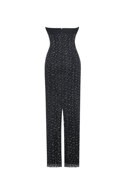 Preslie Black Satin & Crystal Mesh Sheath Maxi Dress