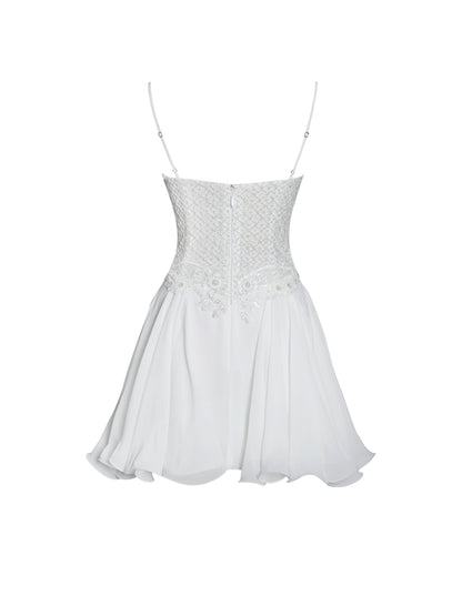 Fabiola Lace Trim Silver Net Top Mini Flare Chiffon Dress
