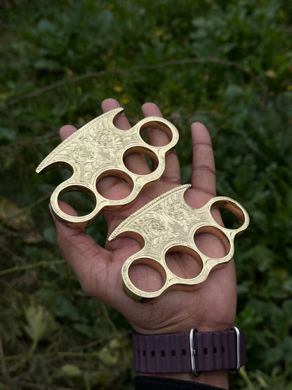 Custom Brass Knuckles Set – Hand Engraved Pure Brass with Leather Case